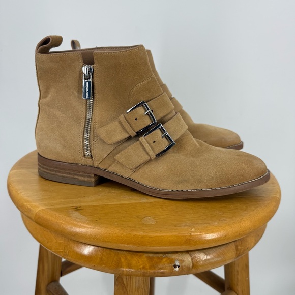 Michael Kors Tan Suede double buckle side zip ankle Boots 8 - Picture 1 of 15